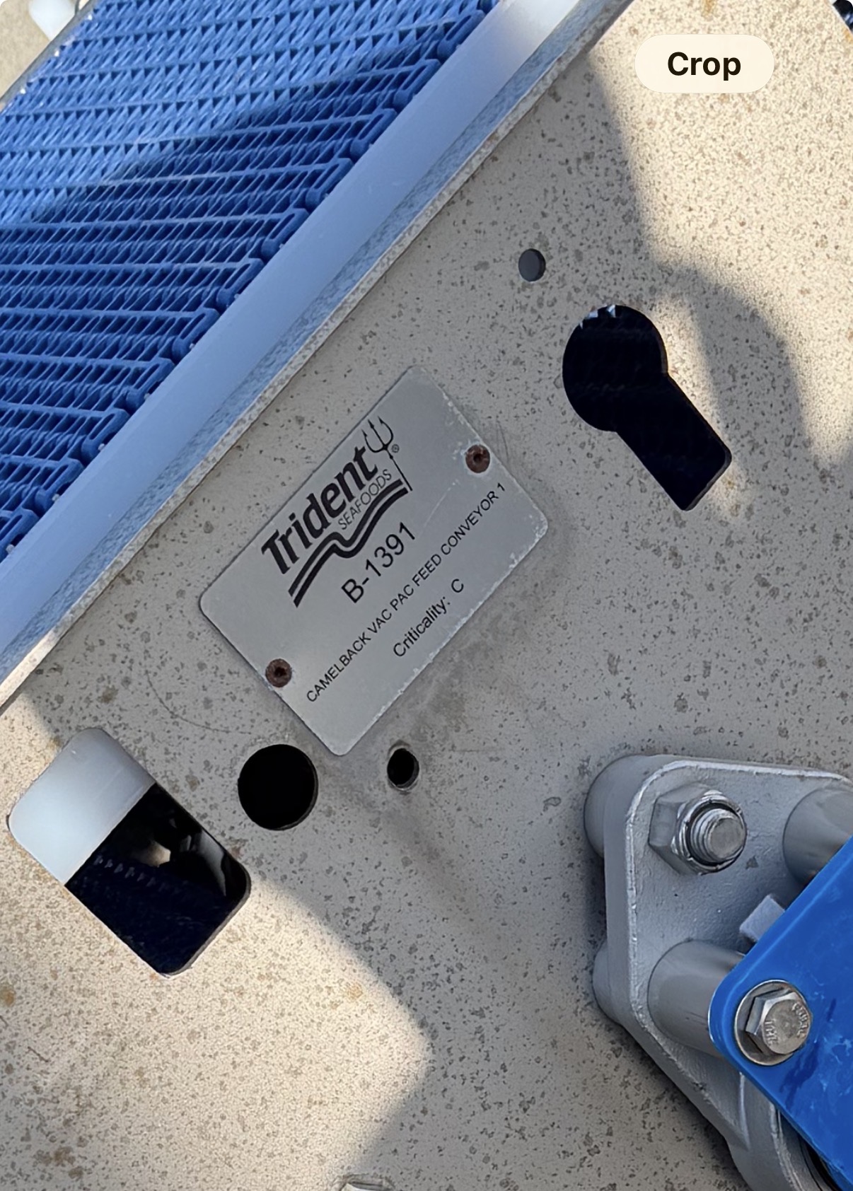 CGATP tag still crisp on rusting Trident Seafoods camelback conveyor B-1391