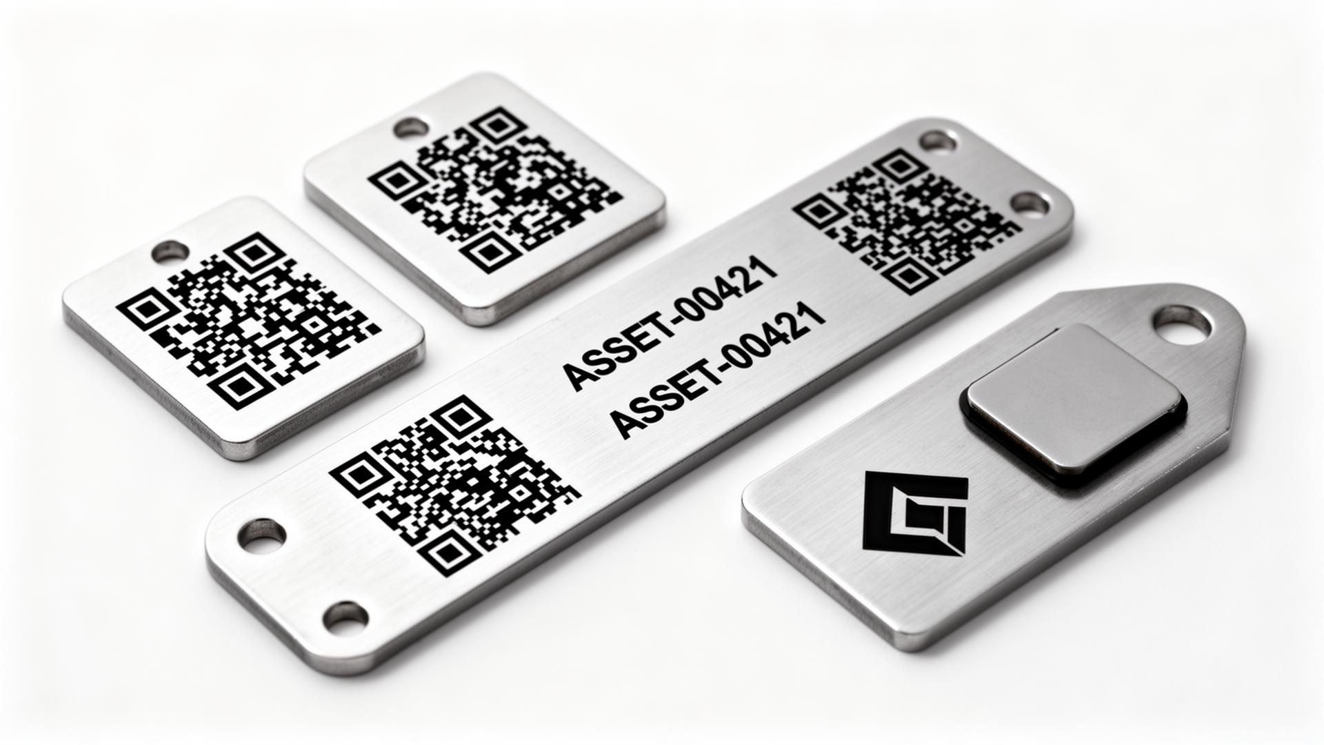 Stainless steel asset tags with laser-etched QR codes, serial numbers, and logos